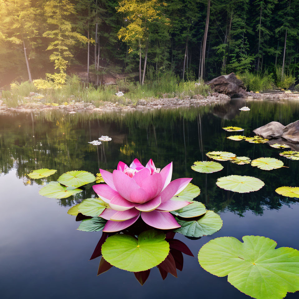 Tranquil pond scene with pink lotus flowers and lush greenery