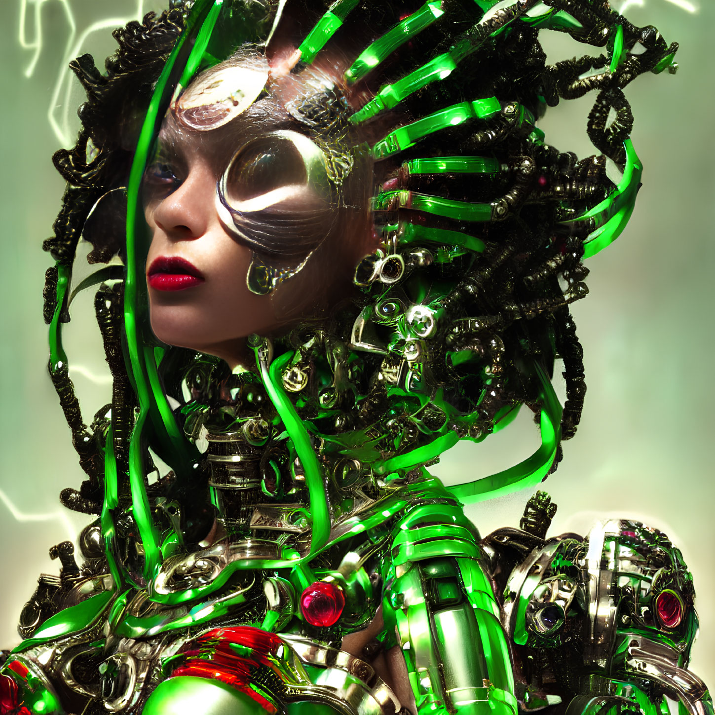Futuristic cyborg with green tubing and metallic mask in glowing lights