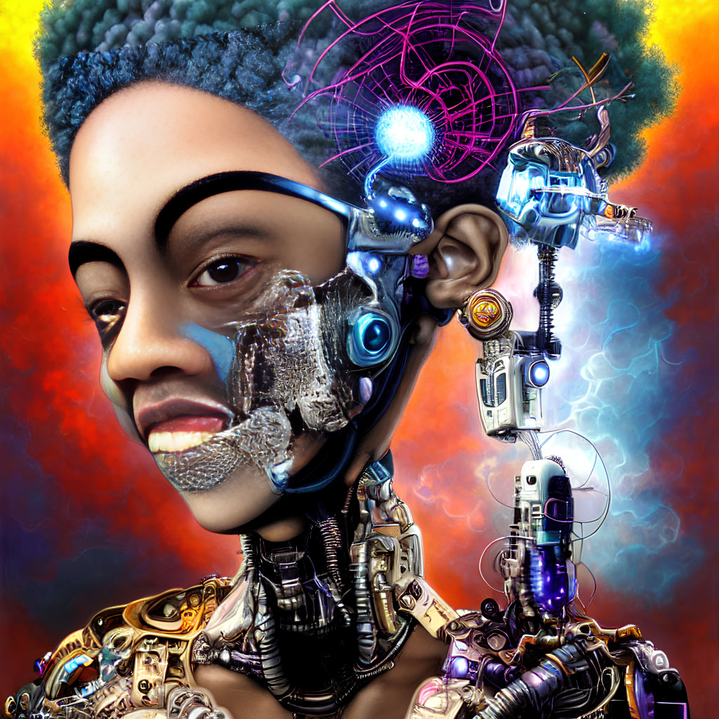 Detailed Portrait of Cyborg Woman with Blue Eyes and Mechanical Parts
