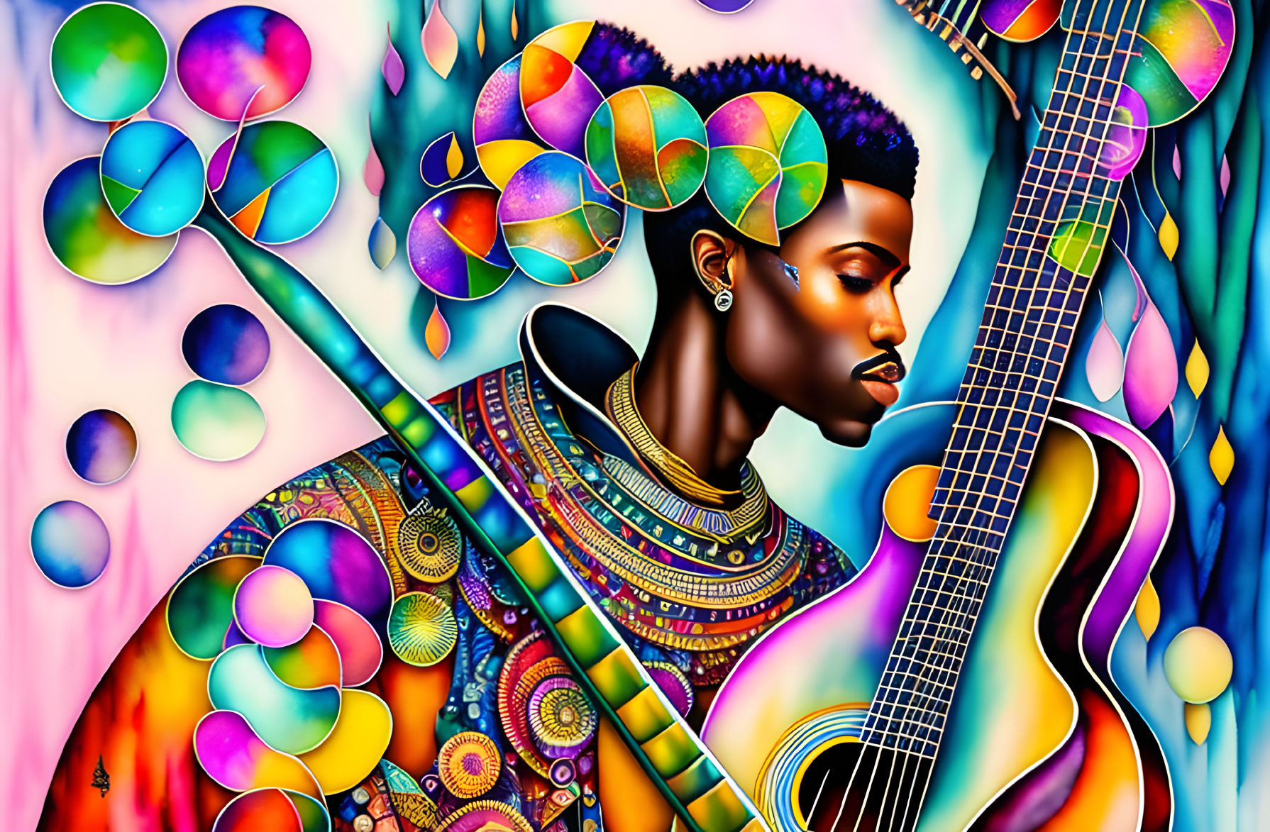 Colorful African woman with guitar in psychedelic setting