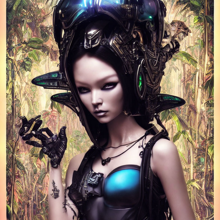 Female android digital artwork with black helmet and glowing blue elements in golden forest setting