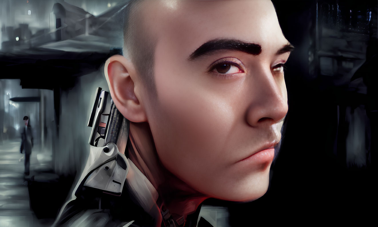 Digital artwork: Person with mechanical neck and shoulder in futuristic setting