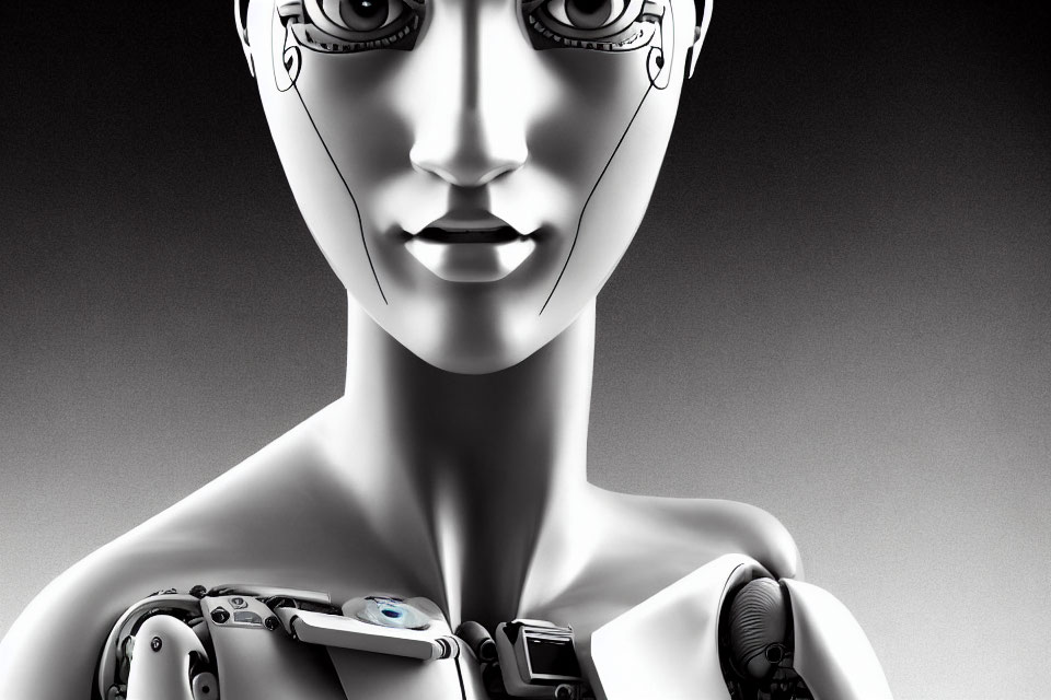 Detailed Close-Up of Humanoid Robot's Mechanical Neck and Shoulder Structure