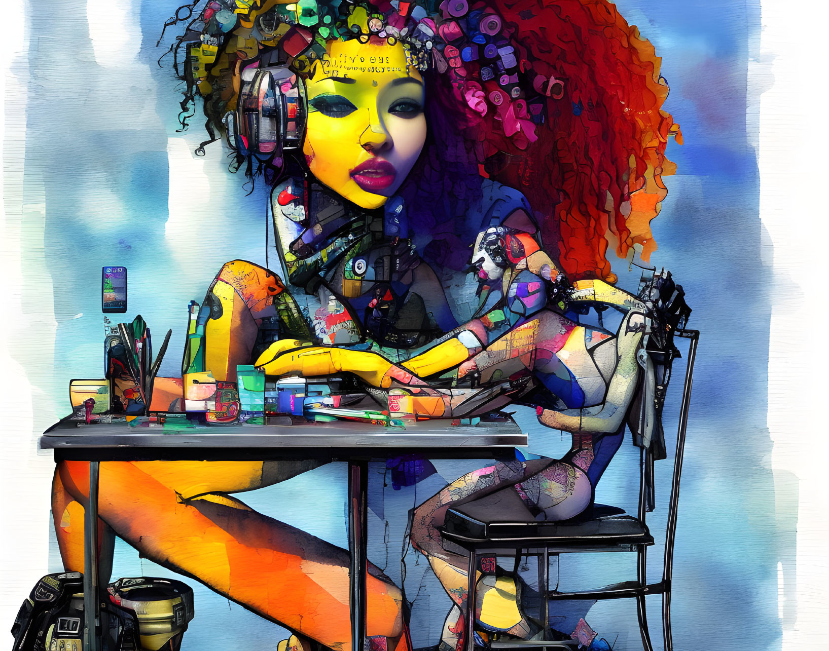 Vibrant cyborg woman with mechanical parts and colorful hair at desk.