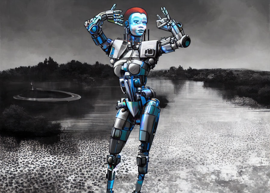 Blue humanoid robot in grey landscape with water body