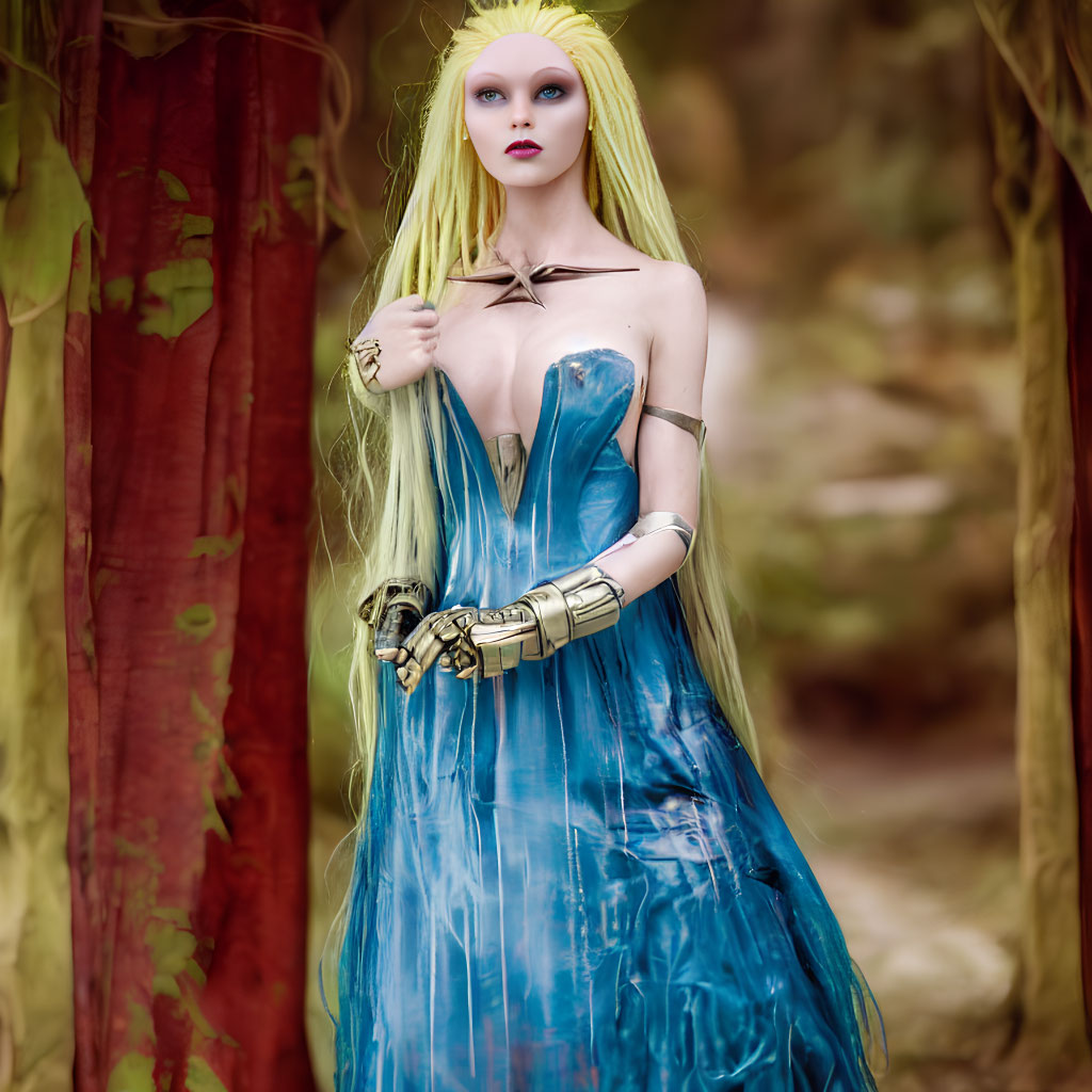 Fantasy character cosplay with yellow hair and blue dress in woodland.