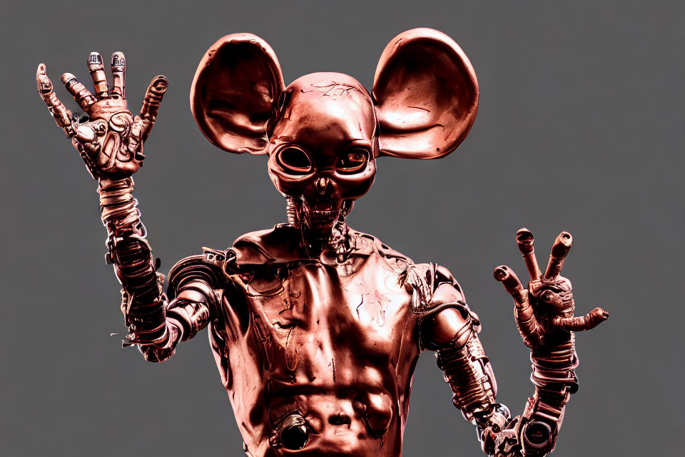 Metallic humanoid robot with large ears gesturing on grey background