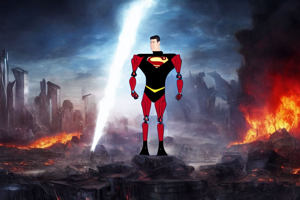 Superman with robotic legs in destroyed city with fire and beam of light