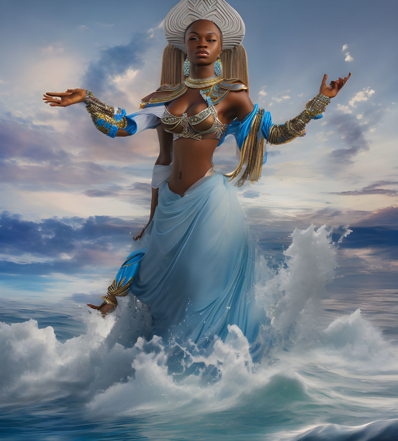 Woman with Elaborate Headdress and Jewelry Emerging from Waves in Dramatic Sky