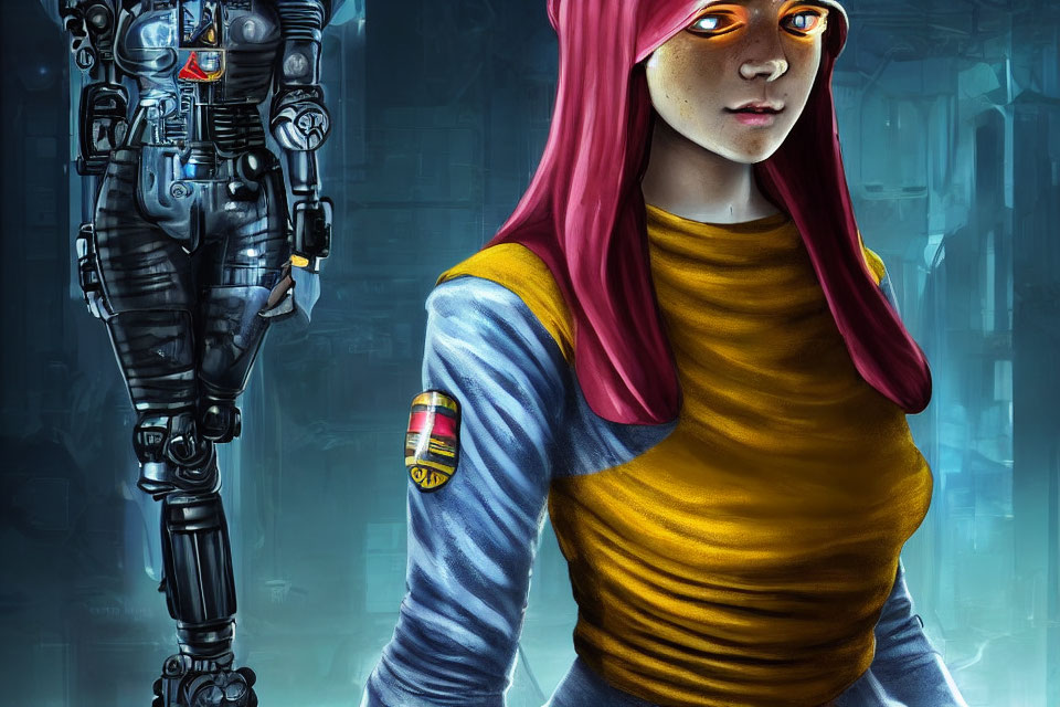 Digital Artwork: Young Woman with Magenta Hair and Glowing Orange Eyes, Robotic Figure in