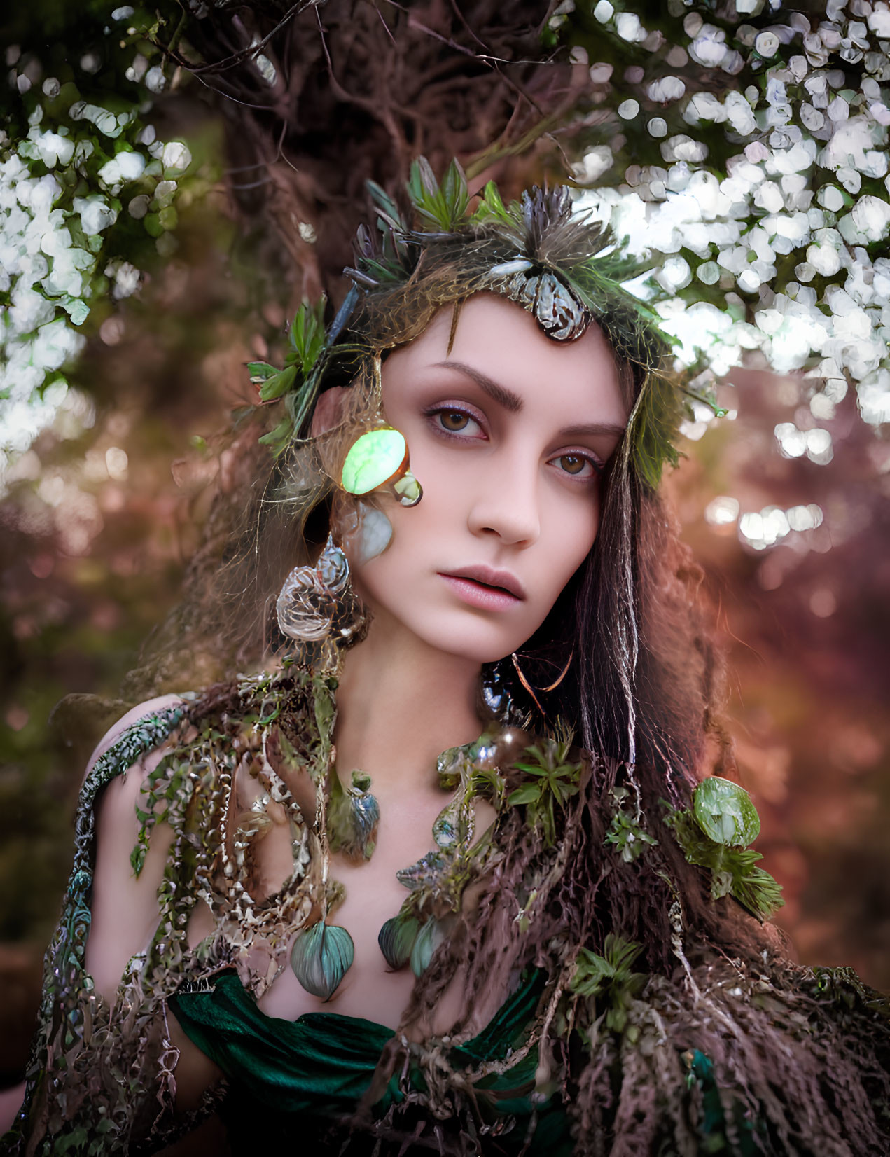 Fantasy-style costume with leafy headpiece and jewelry on nature bokeh background