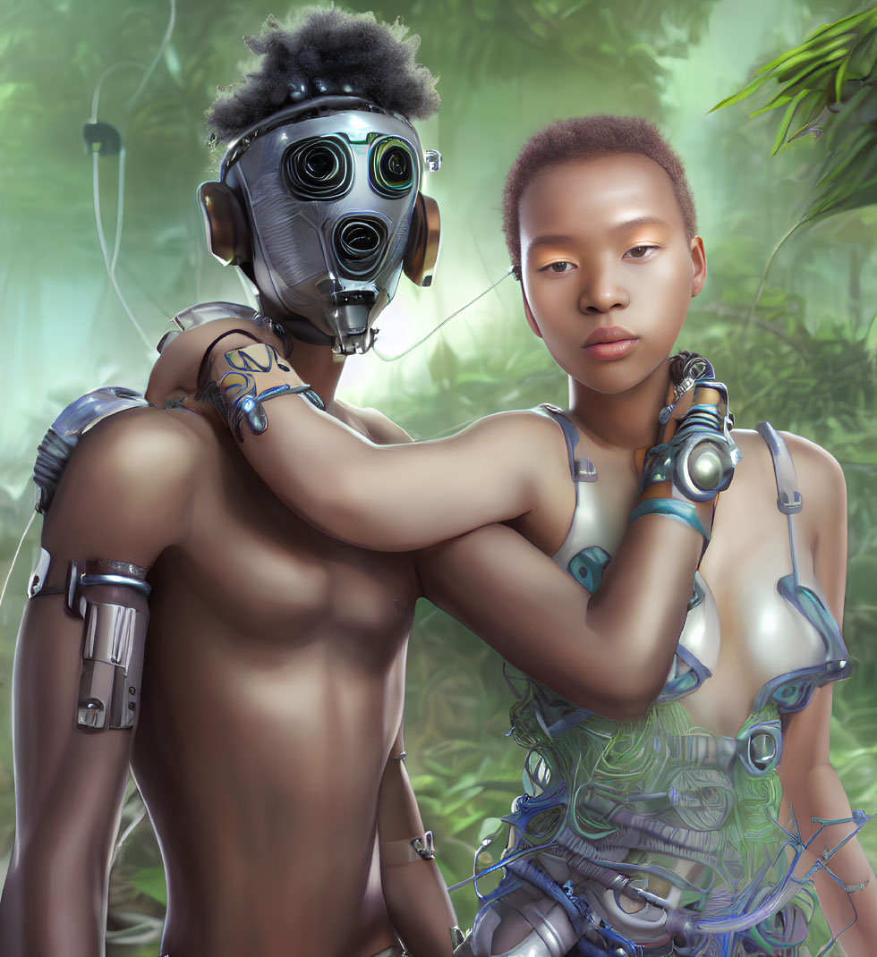 Futuristic cybernetic figures in misty jungle setting