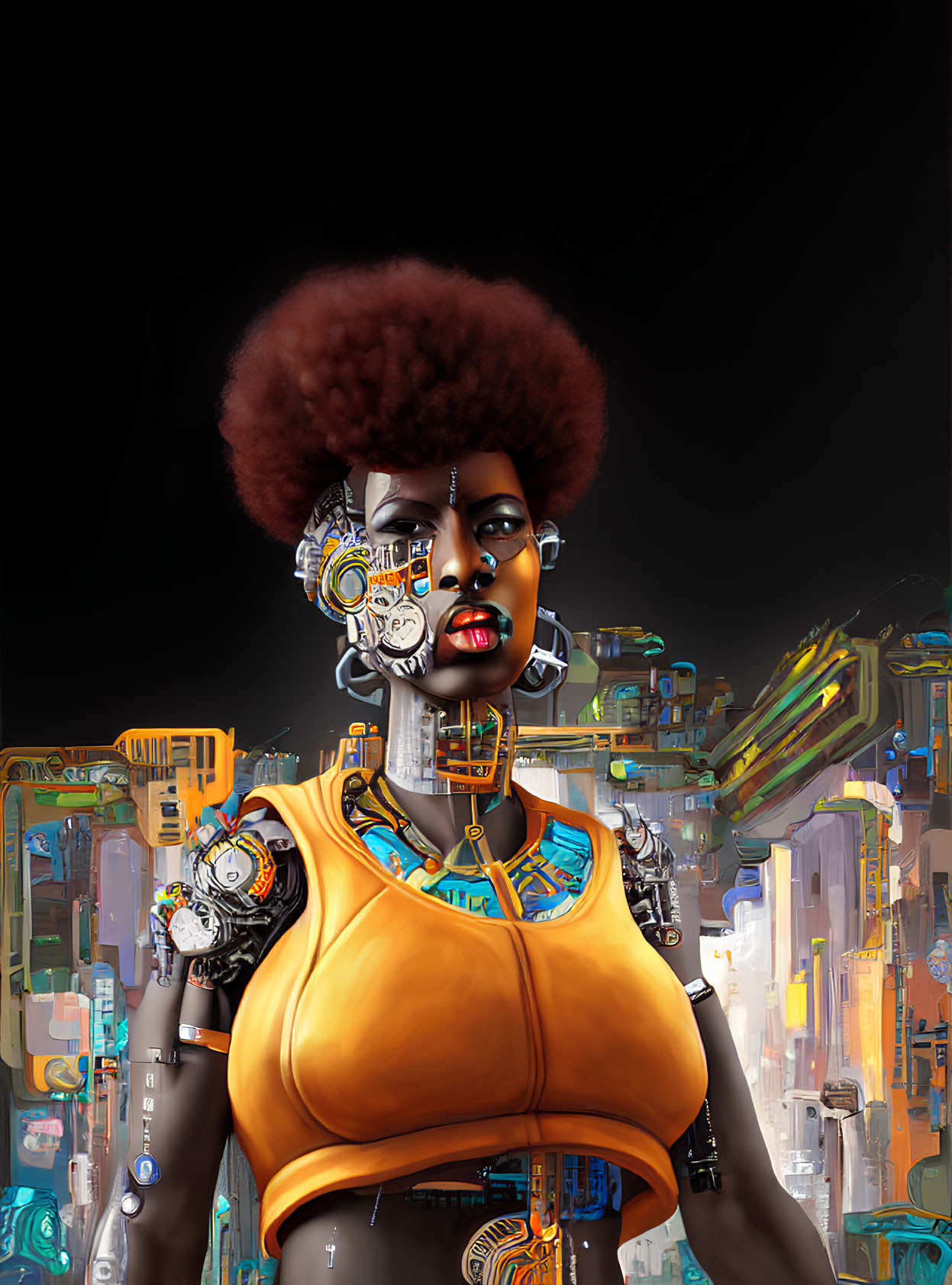 Cybernetic woman with afro hairstyle in futuristic cityscape