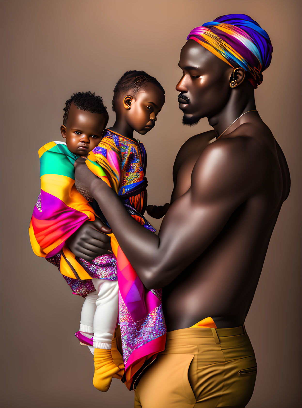 Shirtless man with head wrap holds two children against brown background