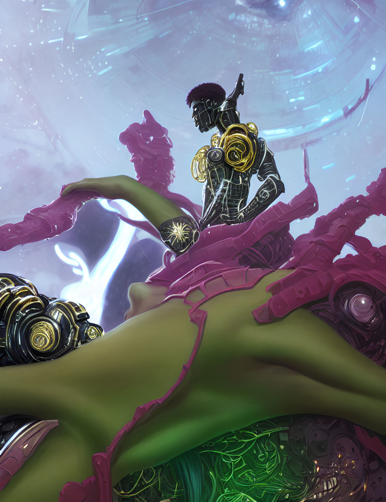 Futuristic warrior in black and gold armor on organic pink structures with cosmic backdrop.