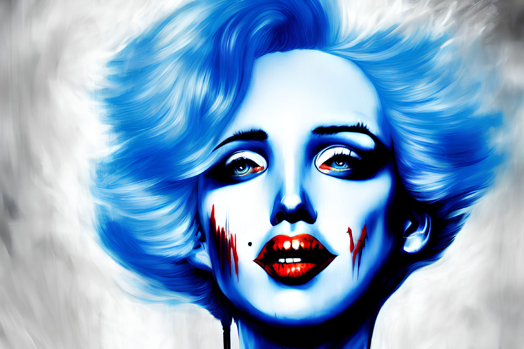 Artistic portrait of a woman with blue hair, red eyes, and red lipstick on monochrome backdrop