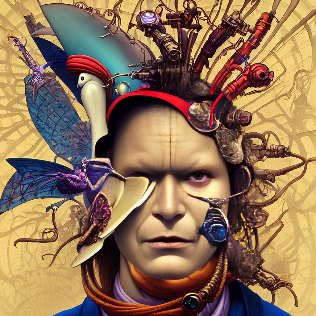Whimsical surreal portrait with butterfly, mechanical hat, and abstract background