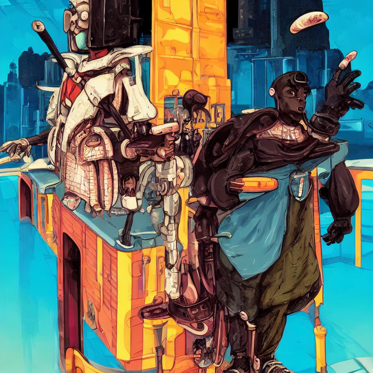 Futuristic cityscape with character in black outfit and robotics, diverse group near yellow structure