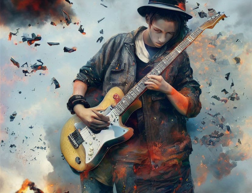Person playing electric guitar among swirling fiery fragments and smoky backdrop