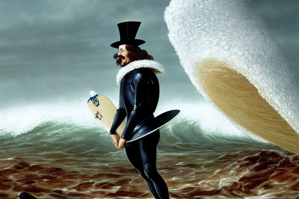 Bearded man in top hat and wetsuit with surfboard on beach with looming wave