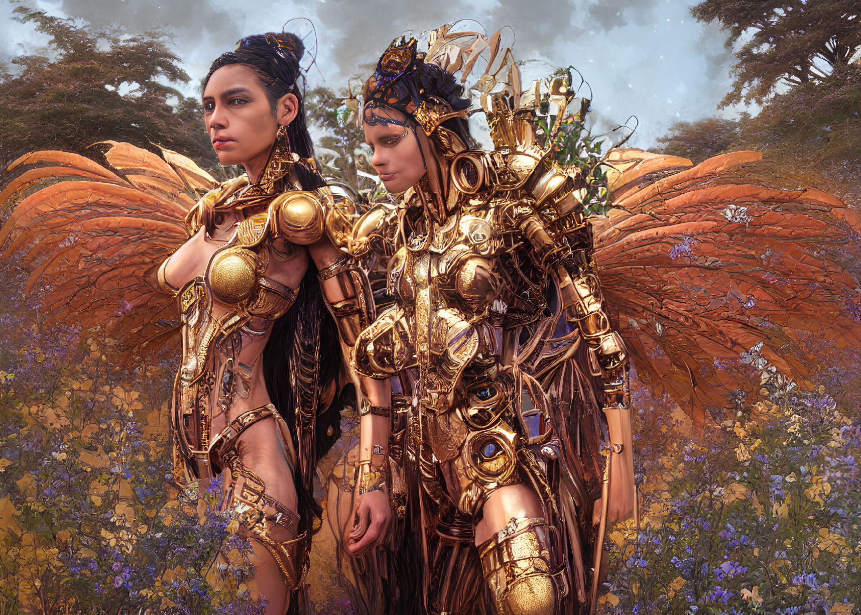Two Women in Golden Armor with Mechanical Wings Among Purple Flowers