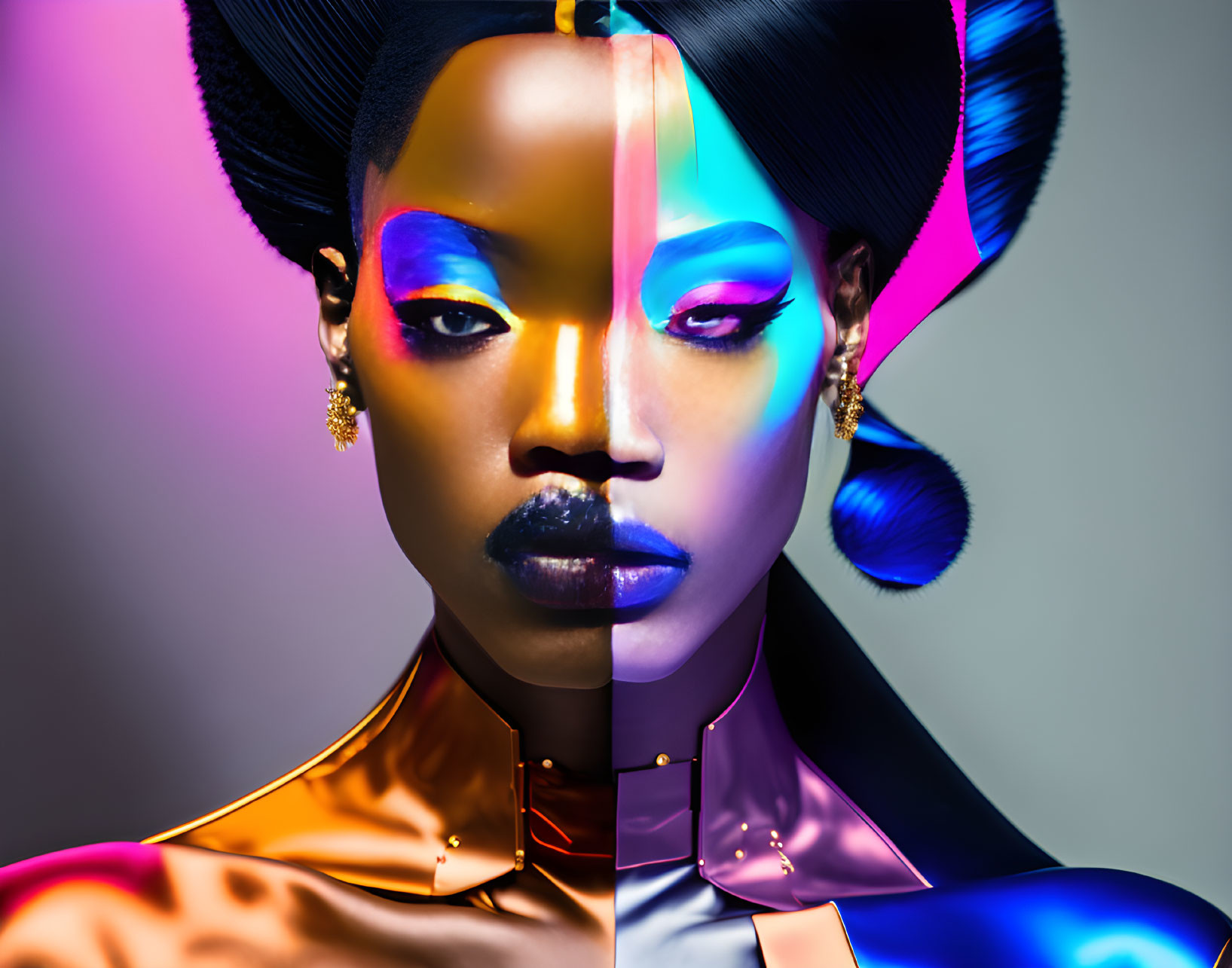 Vibrant abstract portrait of a woman with bold makeup and metallic attire on gradient backdrop
