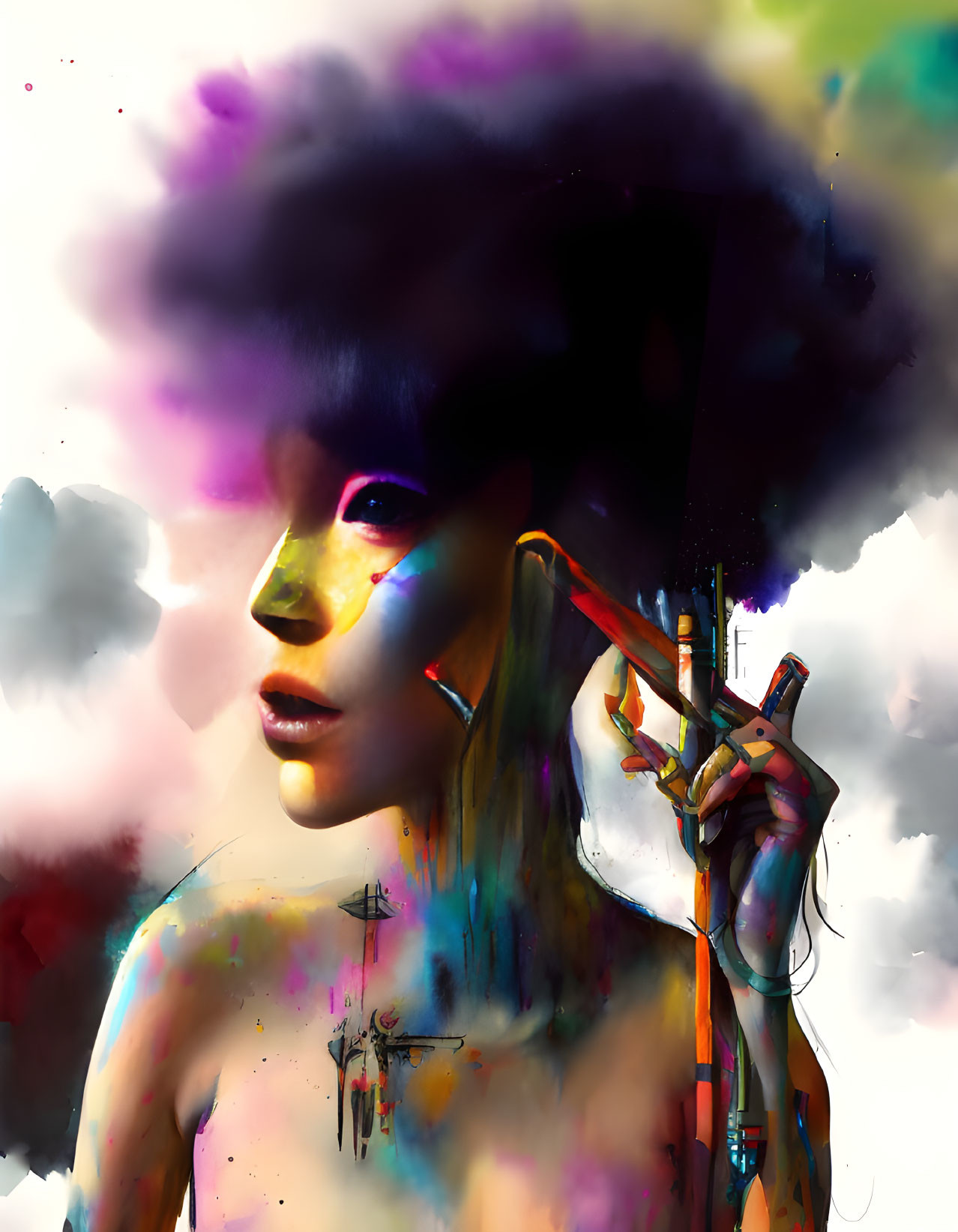 Colorful abstract portrait of a woman with cloud-like hair and umbrella