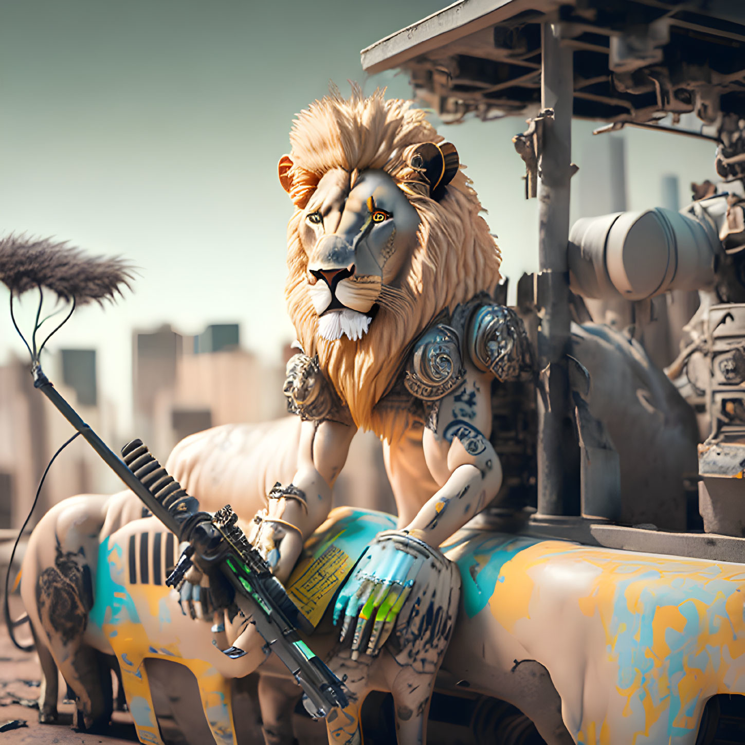 Mechanical lion with majestic mane holding rifle in futuristic urban decay.