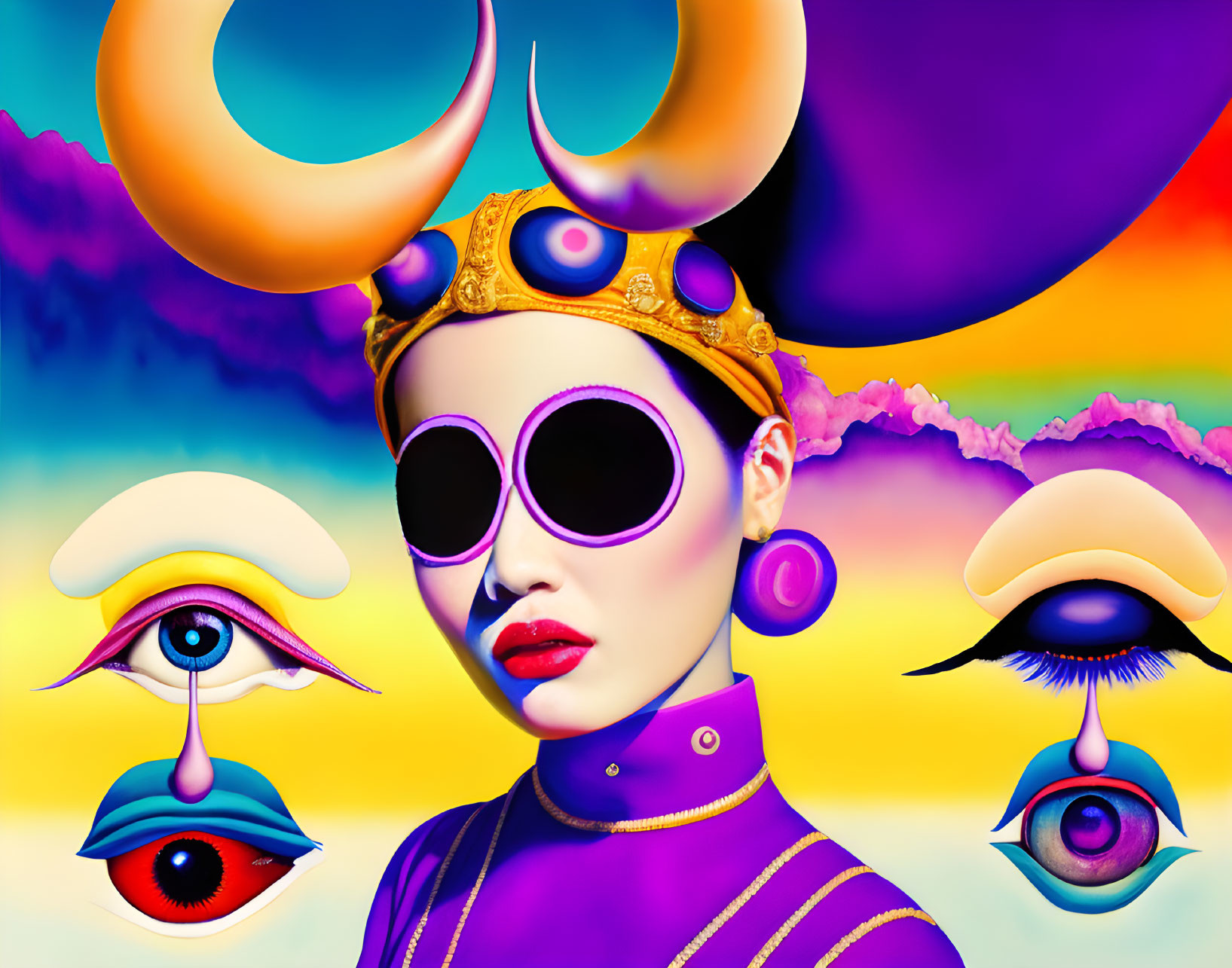 Surreal digital artwork: Woman with purple skin, round sunglasses, and horned headdress on