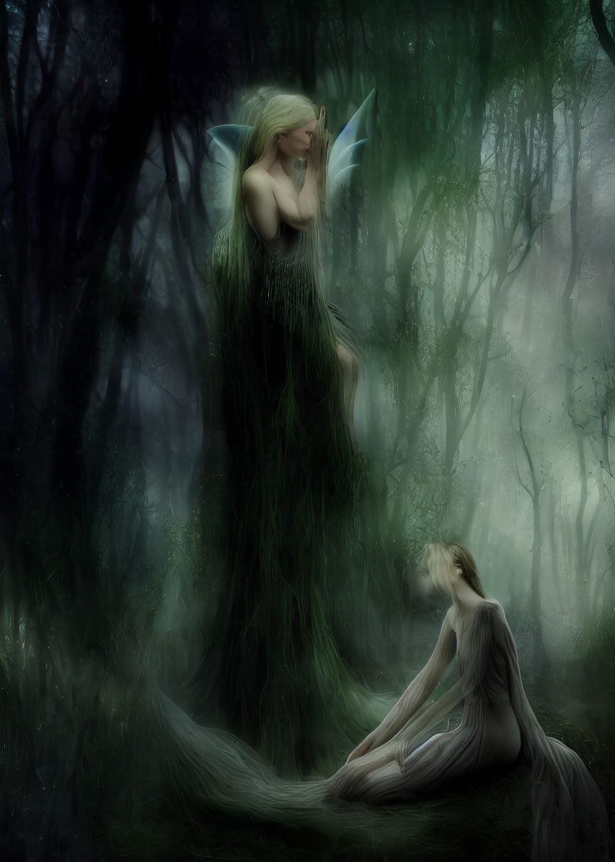 Ethereal fairies in mystical forest scene