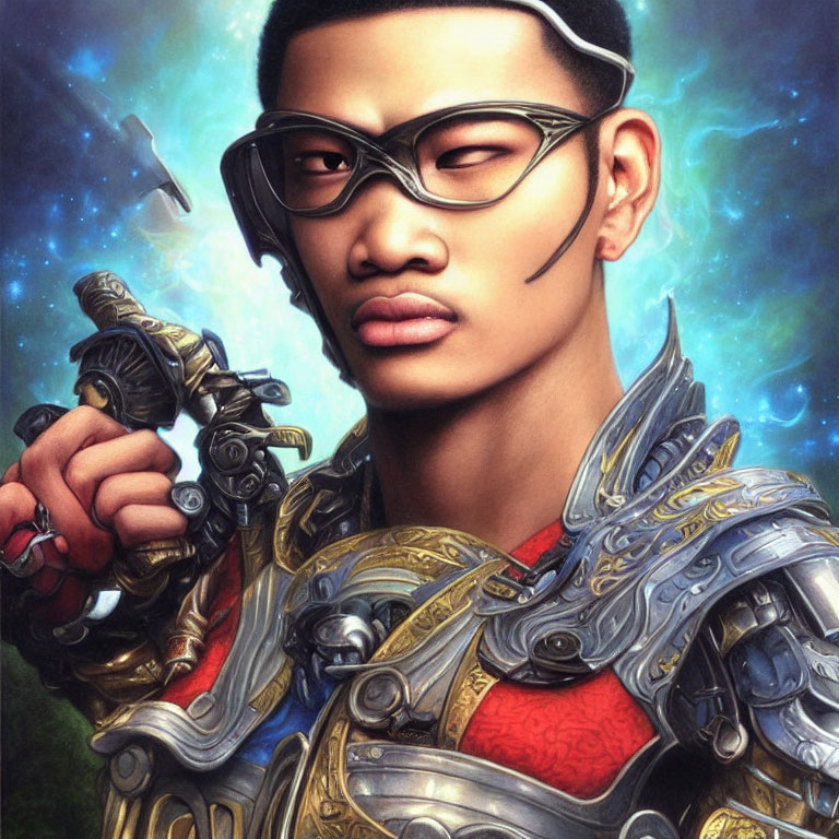 Futuristic warrior in stylized glasses and robotic armor against cosmic backdrop
