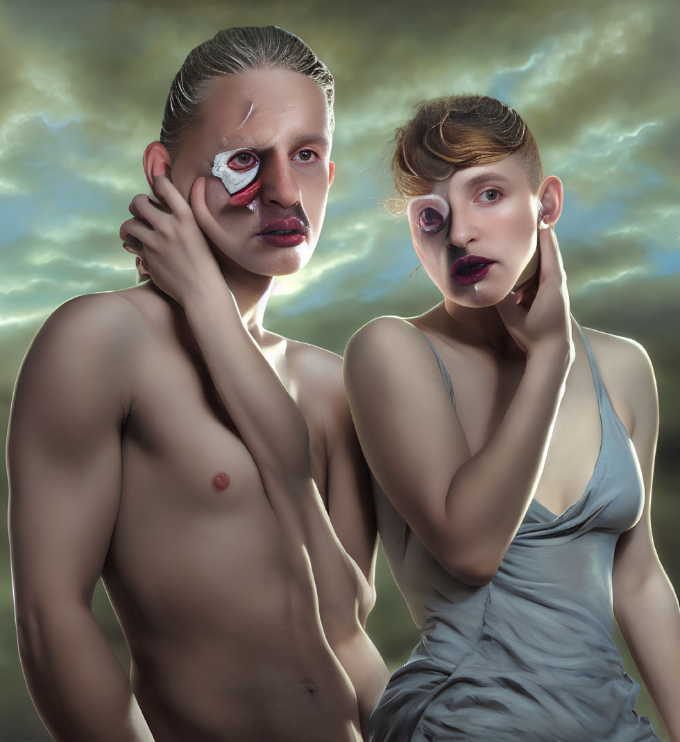 Surreal figures with distorted faces and dramatic makeup in stormy sky scene