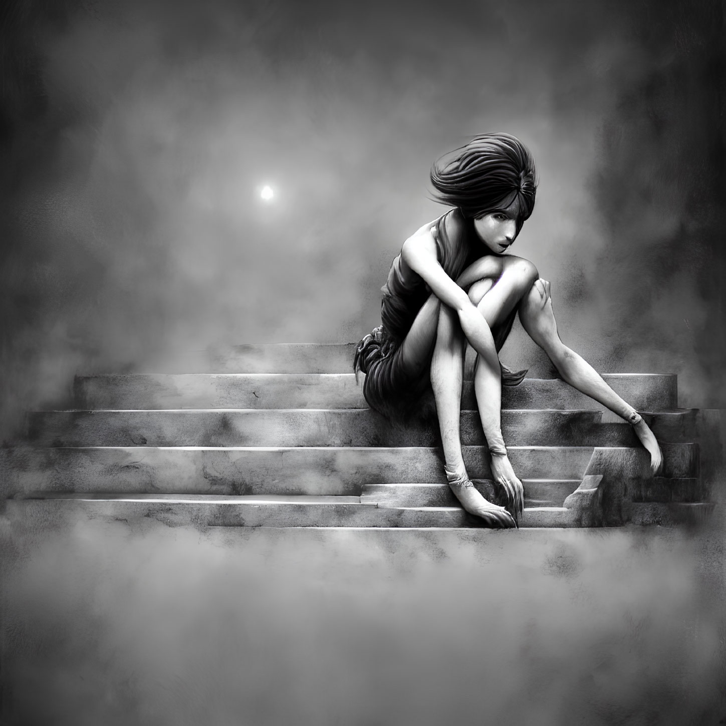 Monochromatic image: Contemplative woman on misty steps with faint sun