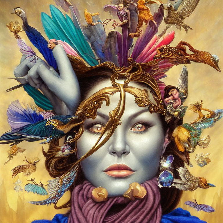 Colorful portrait of a woman with two-faced mask and fantasy creatures