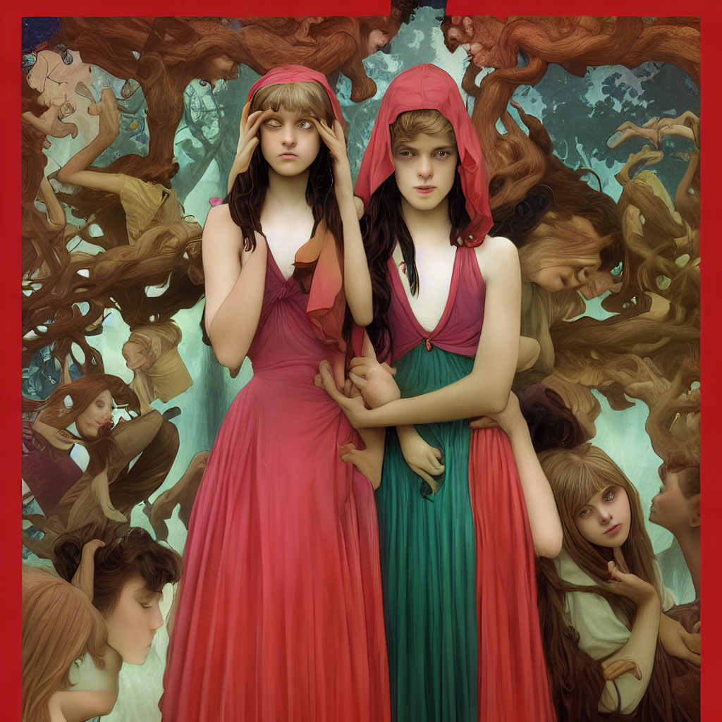 Two Women in Red and Green Dresses Surrounded by Swirling Figures