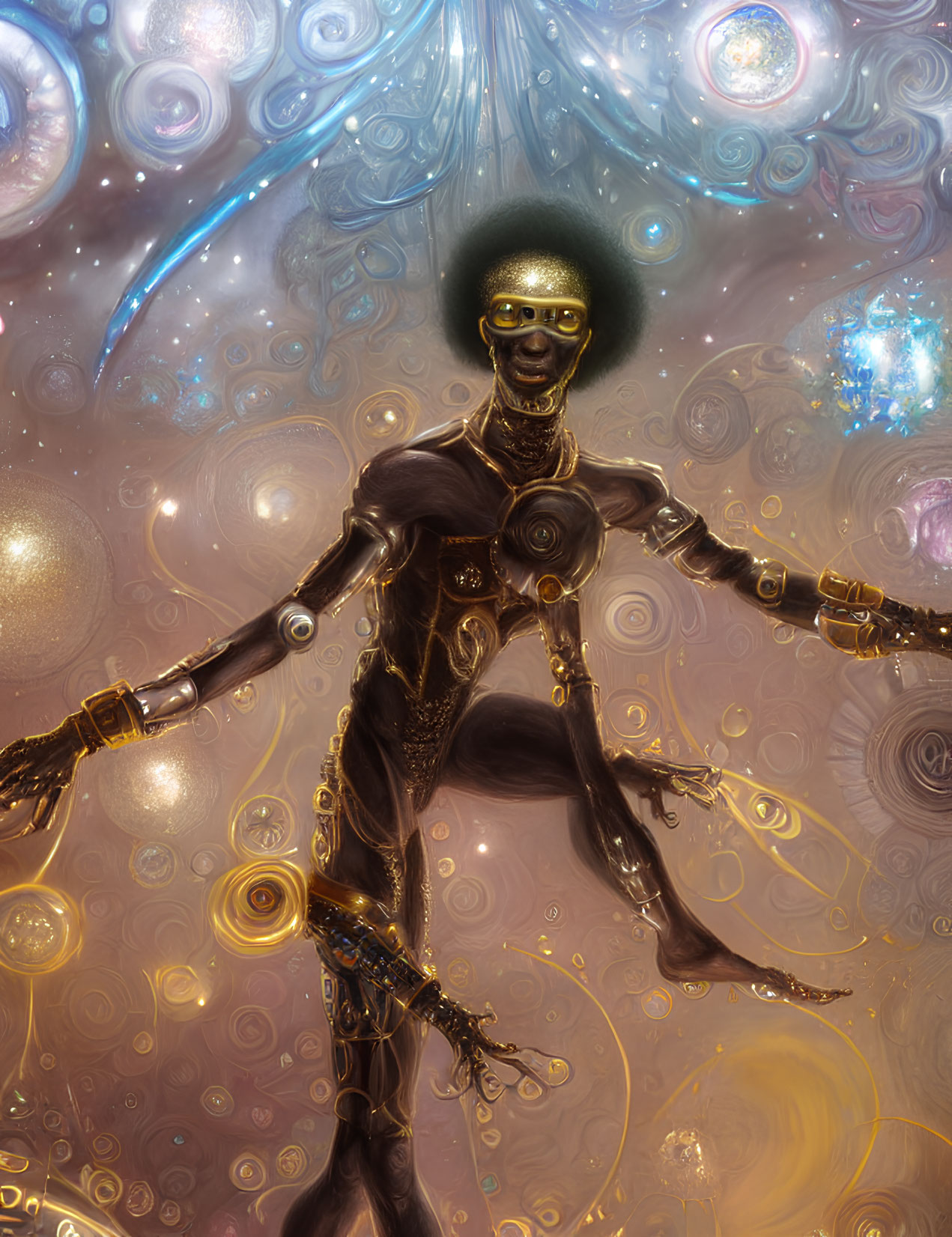 Cosmic humanoid figure with swirling patterns and starscape background
