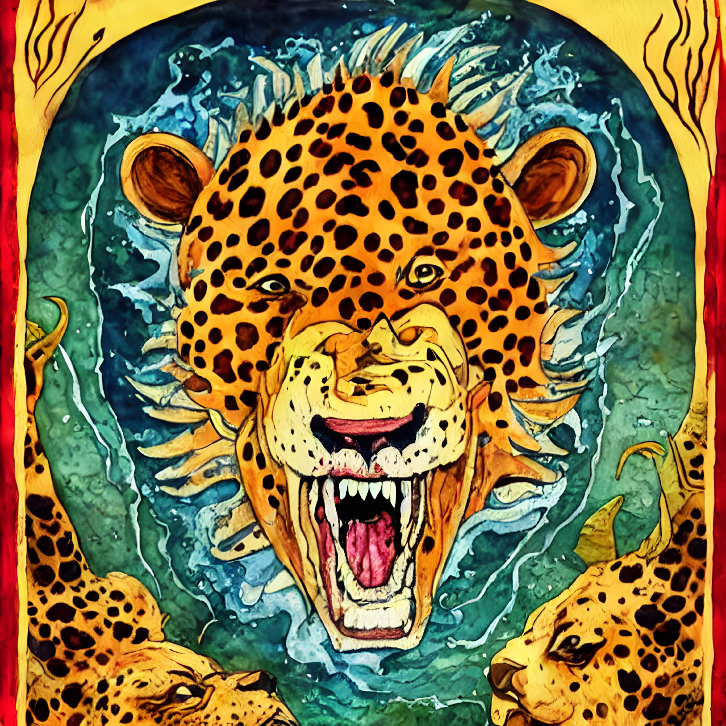 Vibrant illustration of roaring leopard with exaggerated features, framed by two leopards, against fiery