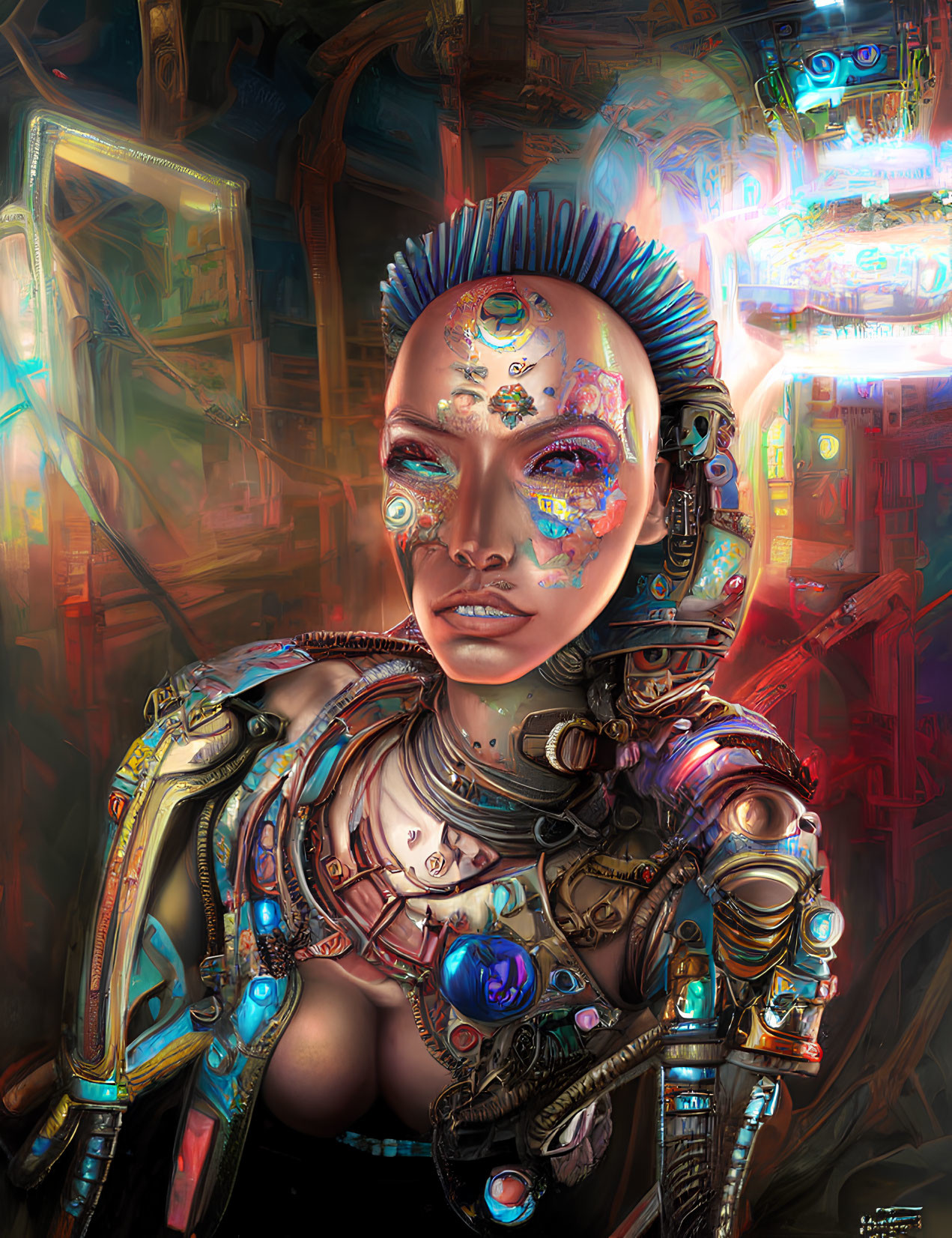 Futuristic female android with cybernetic enhancements