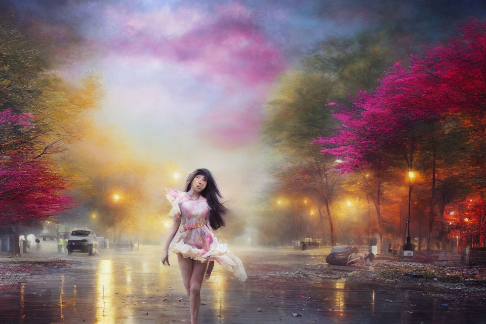Woman in flowing dress running on wet street under colorful sky