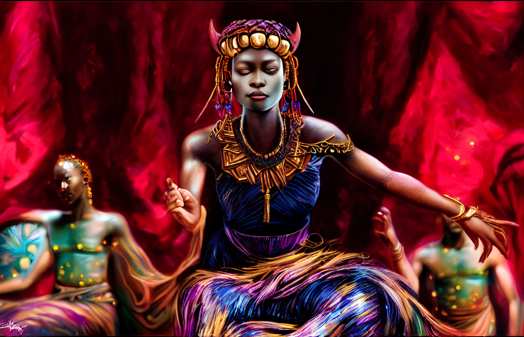 Digital Artwork: Three Women in African Attire on Red Background