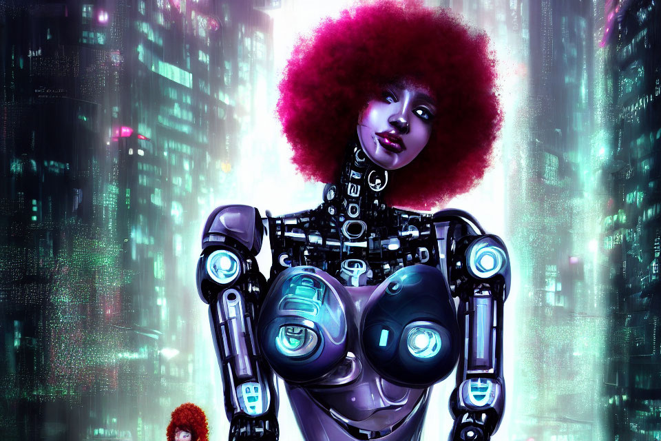 Futuristic female android with red afro and electronic circuitry in cyberpunk cityscape