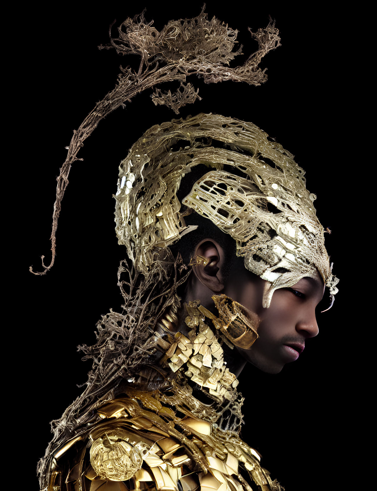 Dark-skinned person in ornate golden headpiece and armor on black background