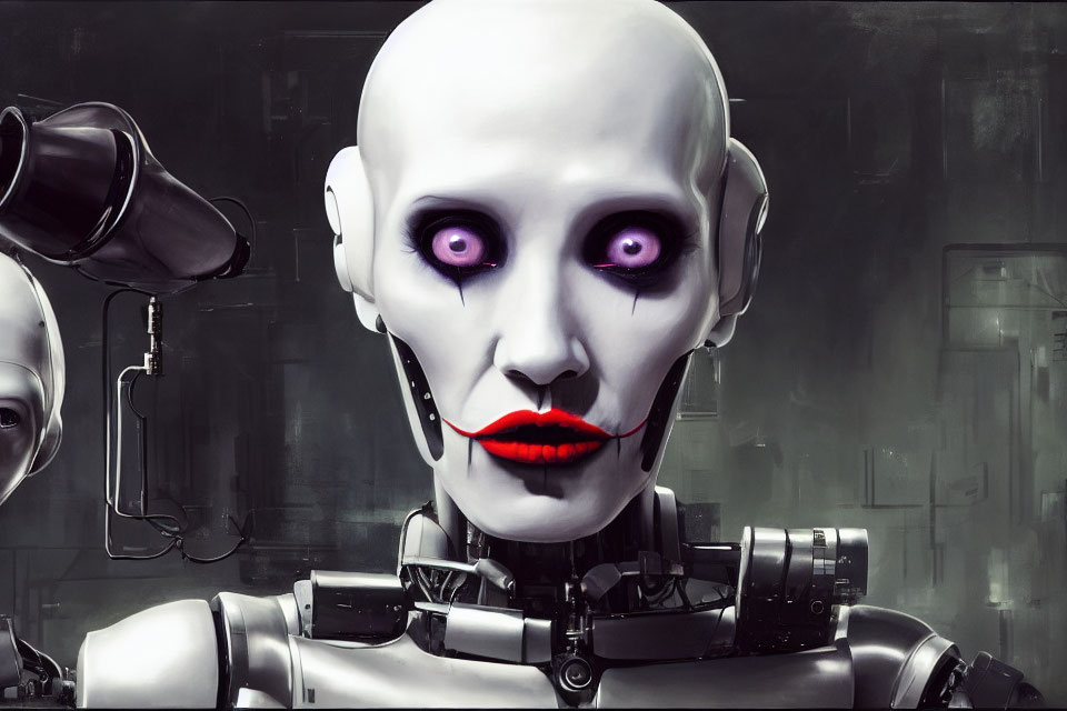 Humanoid robot with bald head, purple eyes, and red lips on industrial backdrop