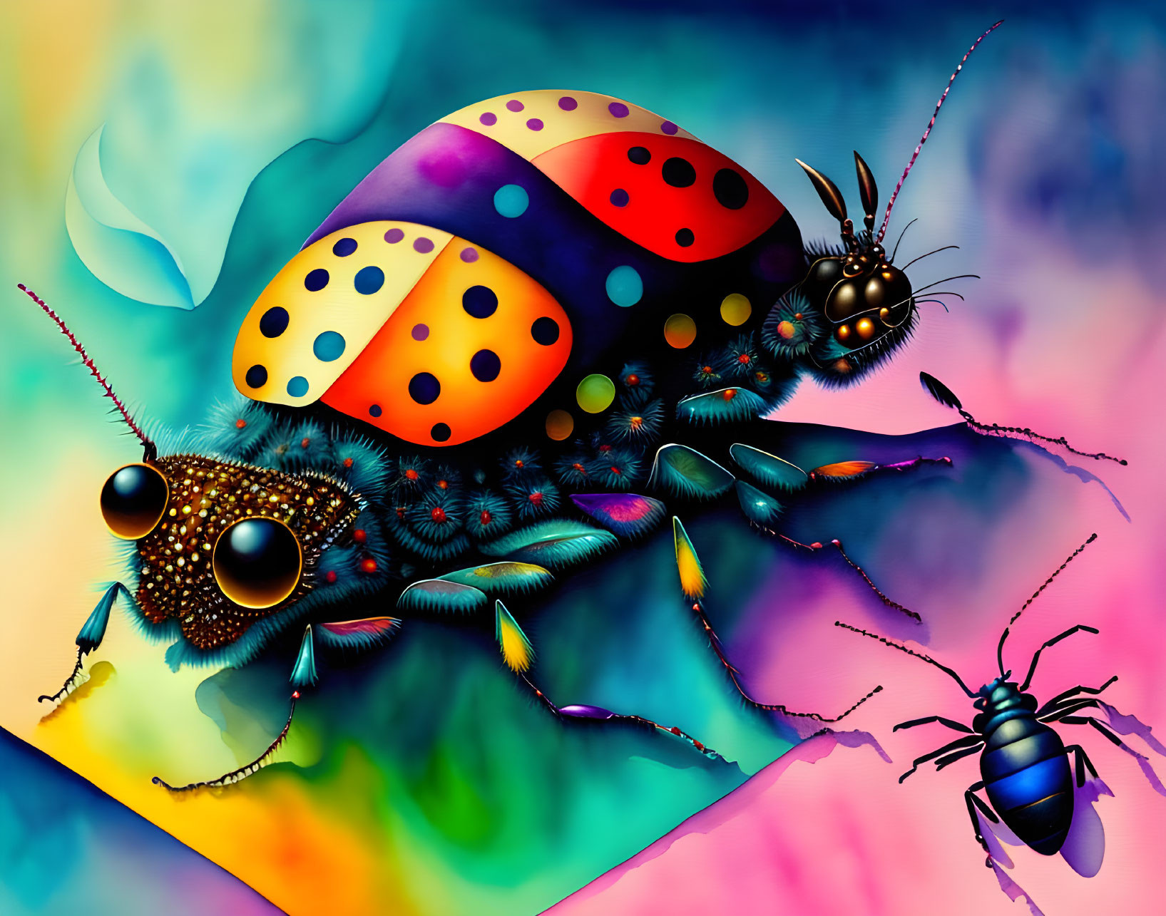 Vibrant oversized ladybug with polka dots and smaller black insect on psychedelic background