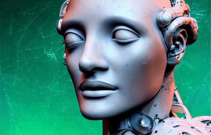 Serene humanoid robot head with metallic skin and intricate details on green background
