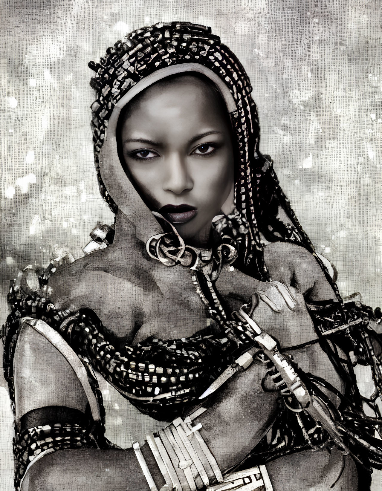 Monochrome portrait of woman in tribal-inspired attire on speckled backdrop