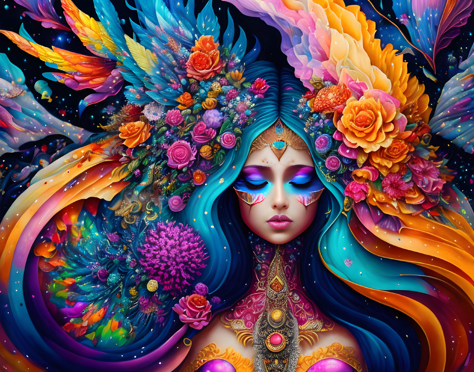 Colorful Portrait: Woman with Elaborate Wings and Floral Hair
