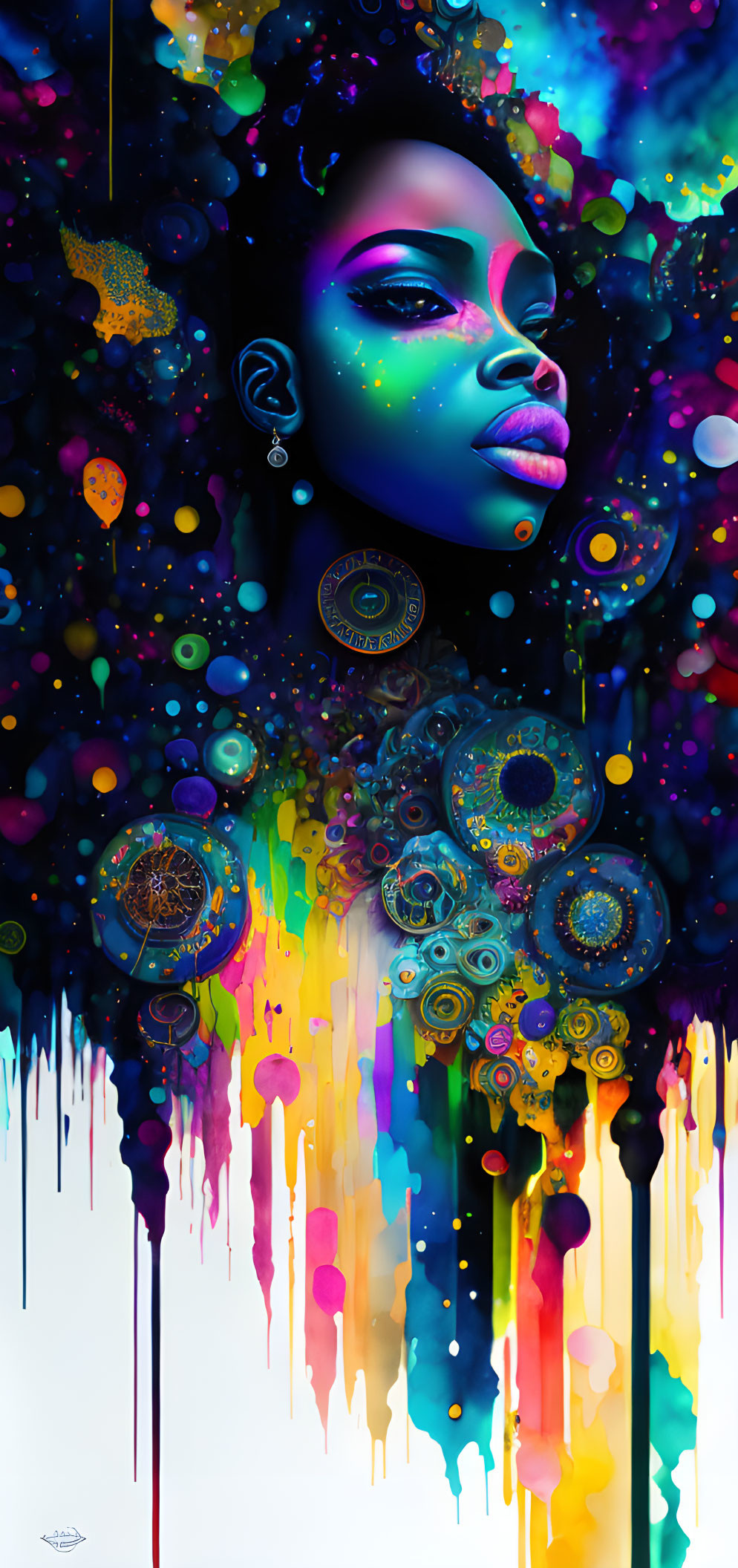 Colorful digital artwork: Woman with blue skin in cosmic setting