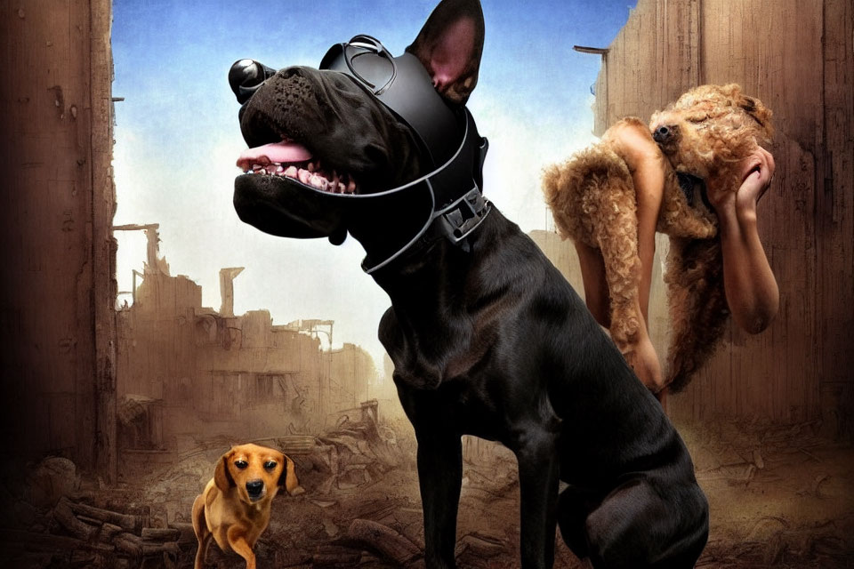 Giant black dog with headset barking near human, small brown dog, dystopian background