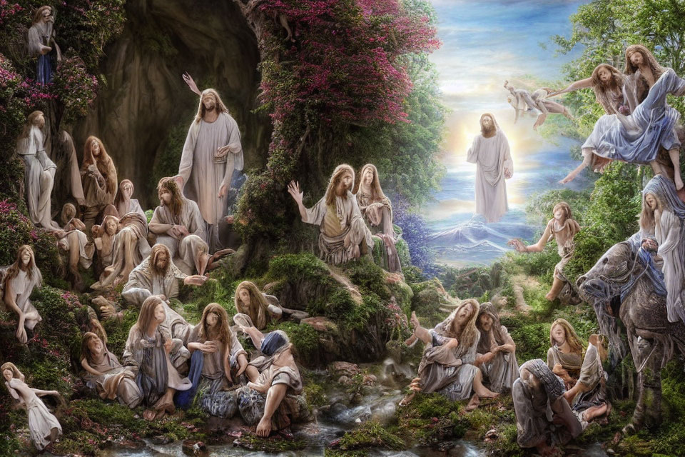 Ethereal painting of figures in flowing robes amidst nature